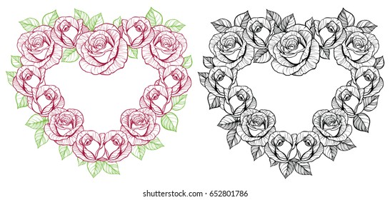 Black and white and two color rose flower heart shape frame wreath. Good for card design.