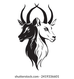 black and white two face goat with horns vector logo