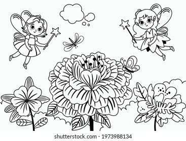 Black and white two fairies flying near flowers. Vector illustration.