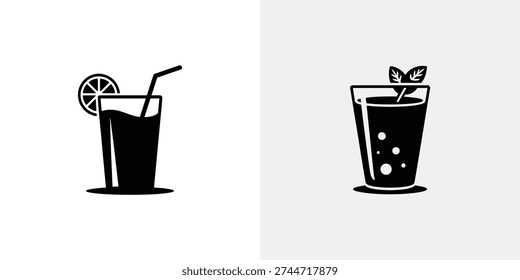 Black and white of two glasses with straws drink beverage