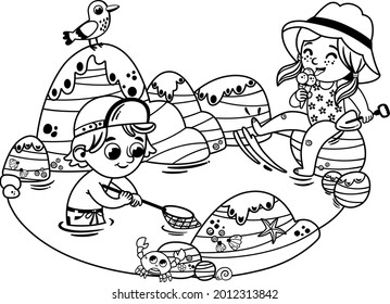 Black And White Two Kids, A Boy And A Girl Are Having Fun On The Beach. Children Summer Vacation. Vector Illustration.