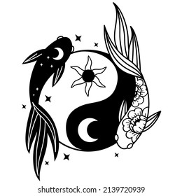 Black and white two koi carp fishes and Yin Yang shape