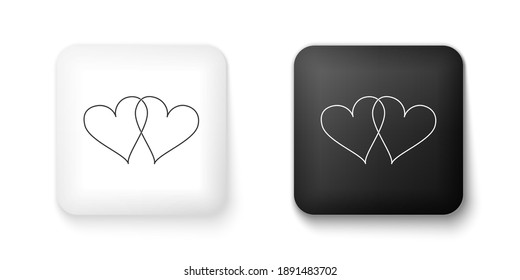 Icono de dos corazones vinculados en blanco y negro aislados en fondo blanco. Corazón dos amor. Símbolo romántico vinculado, unido, pasión y boda. Símbolo de San Valentín. Botón cuadrado. Vector.