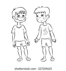 Black and white two little boy. Vector sketch coloring