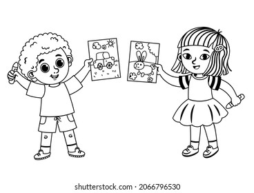 Black and white two little children are showing the pictures they made. Vector illustration.
