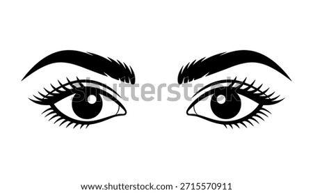 Black and white of two open eyes with long eyelashes and arched eyebrows