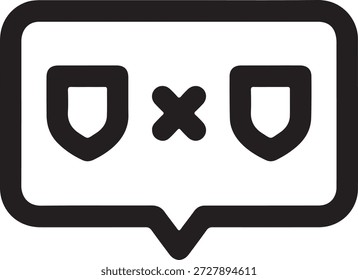 Black and white of two shields with an x between them in a speech bubble