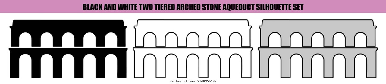 Black and white two tiered arched stone aqueduct silhouette set