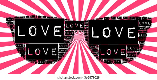 black and white type font love words with sun glasses together vibrant red background together vector print pattern. for fashion and graphic design. t shirt print and special valentines day gift print