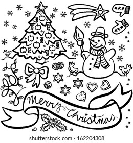 black and white typical traditional Christmas and winter holidays related elements illustration set isolated on white background
