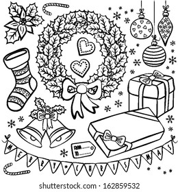 black and white typical traditional Christmas and winter holidays related elements illustration set isolated on white background