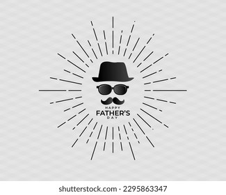black white typographic Happy Fathers Day greeting. doodle hat. glasses and mustache isolated linear sunrays flat vector design