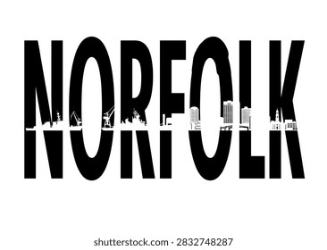 A black and white typographic vector illustration of the word Norfolk featuring a city skyline, harbor, and shipyard silhouette.