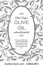 Black and white typography design original oval card doodle with english words olive oil, extra virgin and natural product hand drawn vector illustration