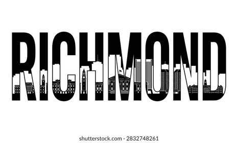 A black and white typography graphic featuring the Richmond Virginia city skyline and architectural landmarks integrated inside bold lettering.