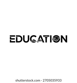 Design de logotipo de tipografia em preto e branco para a palavra educação com elementos abstratos como livro e boné de formatura