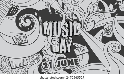 Black white typography of music day design with abstract ornamental design for world music day campaign template