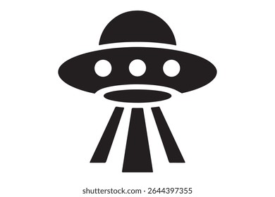 A black and white ufo with three lights and beams below