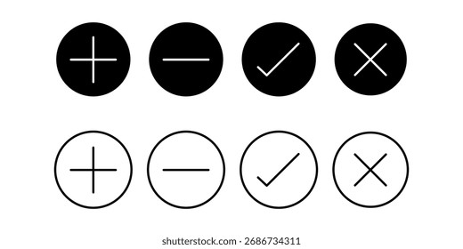 Black and White UI Buttons Plus Minus Check and Cross Icons
