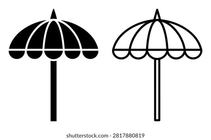 Black and white umbrella icon set with solid and outline designs, beach shade symbols on transparent background