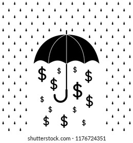 Black and white umbrella protecting dollars money from rain drops, vector