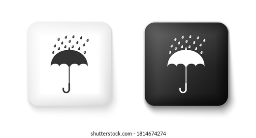 Black and white Umbrella and rain drops icon isolated on white background. Square button. Vector.