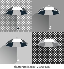 Black and white umbrellas. Flat vector sign. 