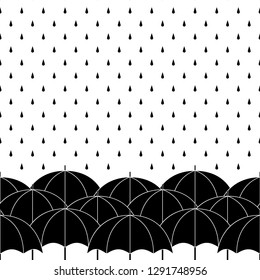 Black and white umbrellas with rain drops, seamless border, vector