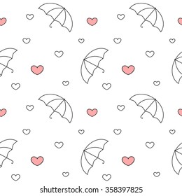 black and white umbrellas with raining hearts seamless vector pattern background illustration