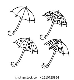 Schwarz-Weiß-Regenschirme - Vektorgrafik für Kinderlehrbücher, Farbbücher, Design für den Kalender. Clipart, doodling, süße Illustration