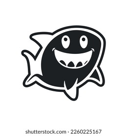 Black and white Uncomplicated logo with a charming cheerful shark.
