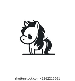 Black and white Uncomplicated logo with a charming cheerful pony.