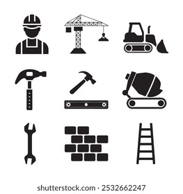 Black and white under construction icons stock illustration Construction Site, Construction Industry, Road Construction, Building , Road Work Ahead Sign