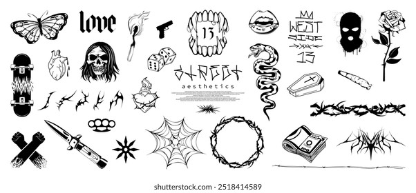 Blanco y negro subterráneo, arte callejero, subcultura, conjunto de gráficos de tatuaje. Monocromo y estilo brutalismo, tatuaje de calle. Conjunto criminal y atrevido, tatuajes flash, pandillas, conjunto subterráneo. Conjunto de Vectores