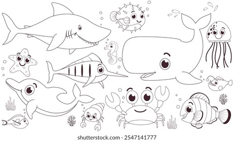 Dibujos animados de animales submarinos en blanco y negro para colorear