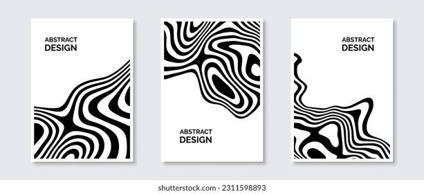 Black and white undulate lines posters set. Fluid wavy shapes banner pack. Abstract universal curved stripes template. Futuristic design concept for cover, invitation, brochure, flyer. Vector