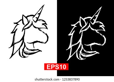 Black and White Unicorn Animal Horse Fantasy Magic Hand Drawn / Sketch for Graphic Design, Shirt, Background, Logo, Icon and Template. Vector Illustration EPS10