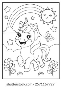 Black and White Unicorn Coloring Page for Kids. Cute, Hand-Drawn, Printable Activity Sheet with Cartoon Characters and Simple Doodles 
