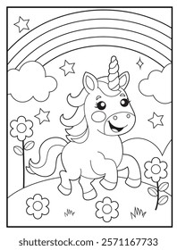 Black and White Unicorn Coloring Page for Kids. Cute, Hand-Drawn, Printable Activity Sheet with Cartoon Characters and Simple Doodles 
