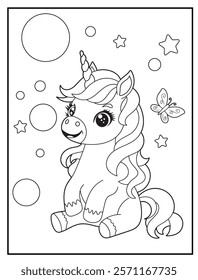 Black and White Unicorn Coloring Page for Kids. Cute, Hand-Drawn, Printable Activity Sheet with Cartoon Characters and Simple Doodles 
