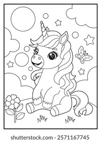 Black and White Unicorn Coloring Page for Kids. Cute, Hand-Drawn, Printable Activity Sheet with Cartoon Characters and Simple Doodles 
