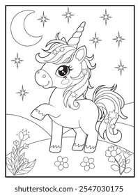 Black and white Unicorn coloring pages for kids. Children's coloring books with cute unicorn cartoon character, fun and educational materials for kindergarten.
