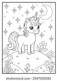 Black and white Unicorn coloring pages for kids. Children's coloring books with cute unicorn cartoon character, fun and educational materials for kindergarten.
