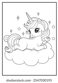 Black and white Unicorn coloring pages for kids. Children's coloring books with cute unicorn cartoon character, fun and educational materials for kindergarten.
