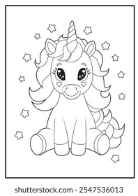 Black and white Unicorn coloring pages for kids. Children's coloring books with cute unicorn cartoon character, fun and educational materials for kindergarten.
