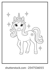 Black and white Unicorn coloring pages for kids. Children's coloring books with cute unicorn cartoon character, fun and educational materials for kindergarten.
