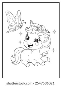 Black and white Unicorn coloring pages for kids. Children's coloring books with cute unicorn cartoon character, fun and educational materials for kindergarten.
