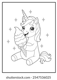 Black and white Unicorn coloring pages for kids. Children's coloring books with cute unicorn cartoon character, fun and educational materials for kindergarten.
