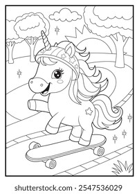 Black and white Unicorn coloring pages for kids. Children's coloring books with cute unicorn cartoon character, fun and educational materials for kindergarten.
