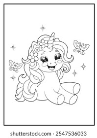 Black and white Unicorn coloring pages for kids. Children's coloring books with cute unicorn cartoon character, fun and educational materials for kindergarten.
